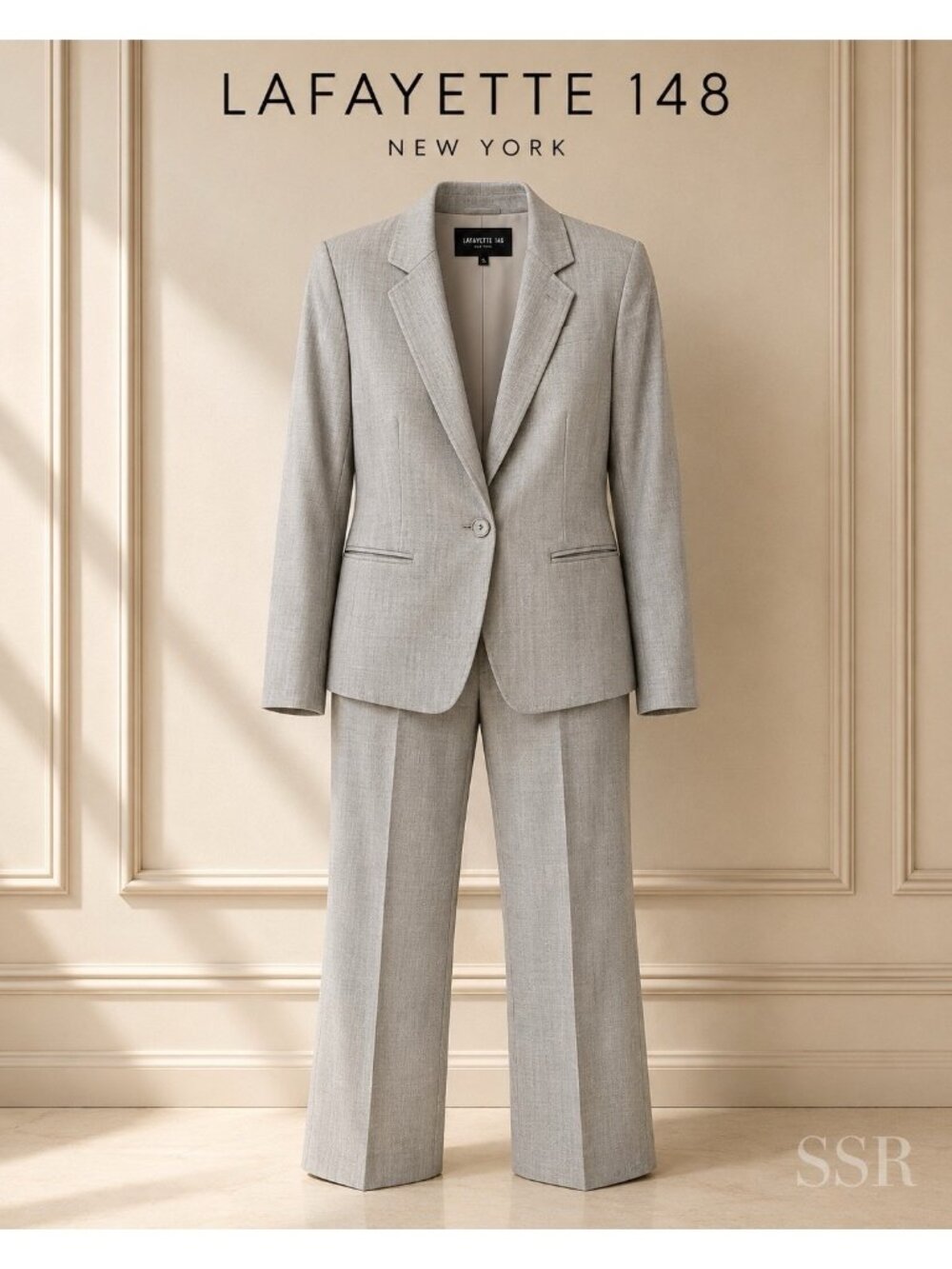 Lafayette 148 New York Gray Virgin Wool Stretch Pant Suit US 4 Blazer Jacket Car
